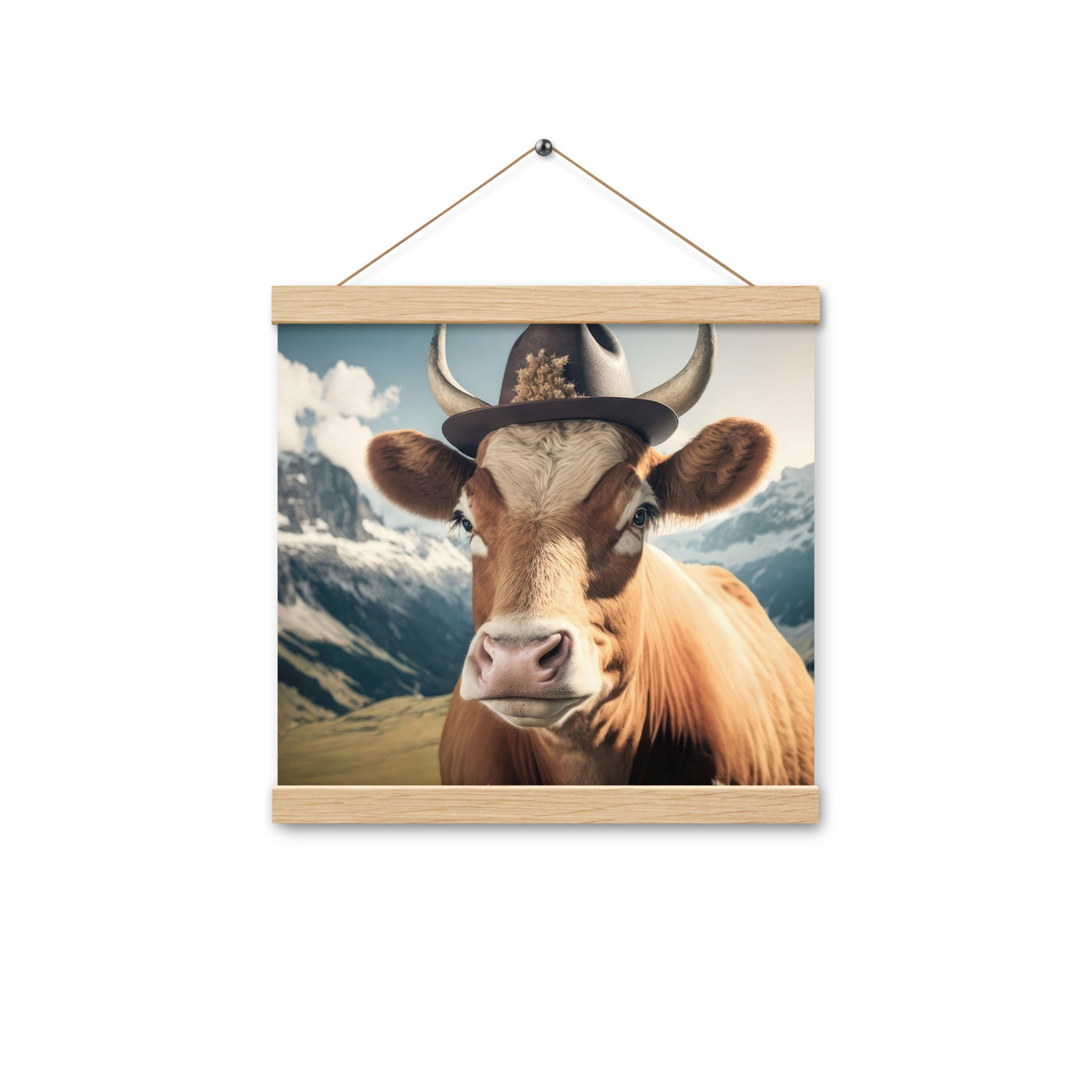 Kuh mit Hut in den Alpen - Berge im Hintergrund - Landschaftsmalerei - Premium Poster mit Aufhängung berge xxx Oak 30.5 x 30.5 cm