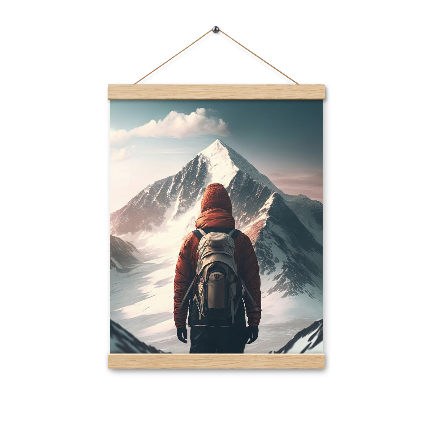 Wanderer von hinten vor einem Berg - Malerei - Premium Poster mit Aufhängung berge xxx Oak 30.5 x 40.6 cm