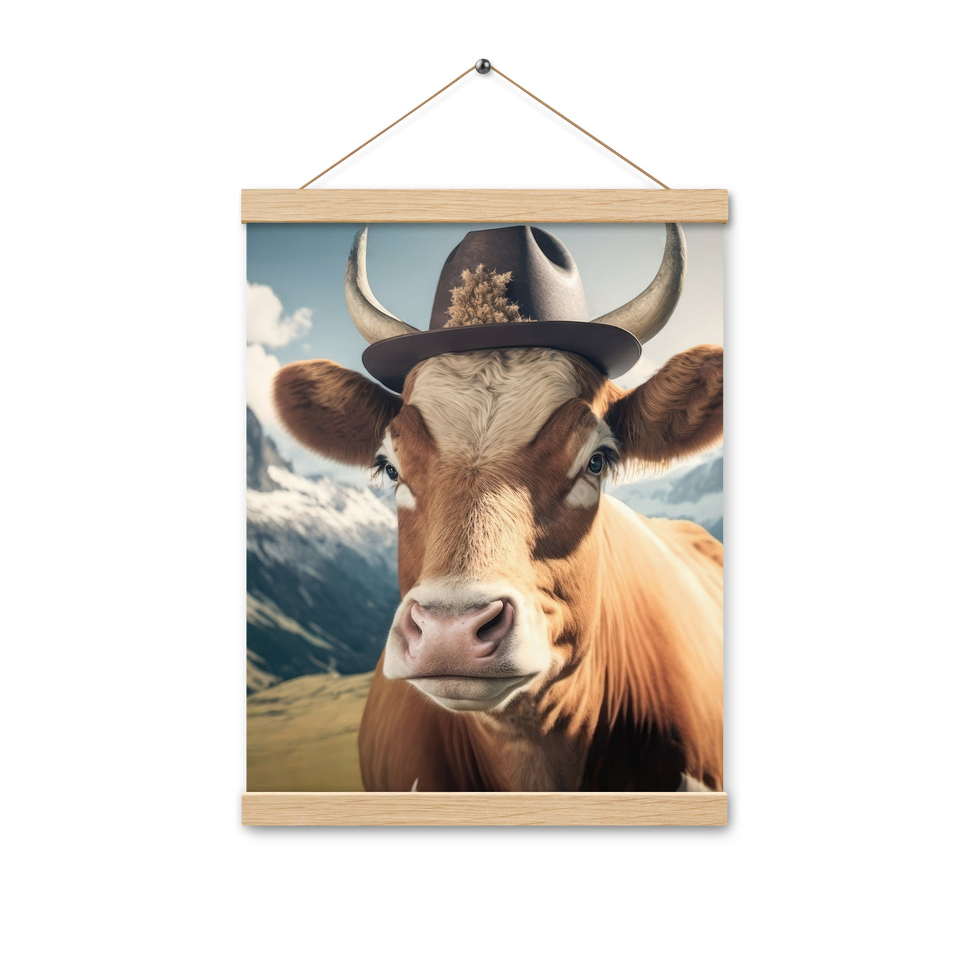 Kuh mit Hut in den Alpen - Berge im Hintergrund - Landschaftsmalerei - Premium Poster mit Aufhängung berge xxx Oak 30.5 x 40.6 cm
