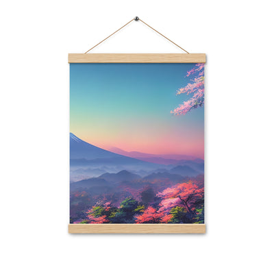 Berg und Wald mit pinken Bäumen - Landschaftsmalerei - Premium Poster mit Aufhängung berge xxx Oak 30.5 x 40.6 cm