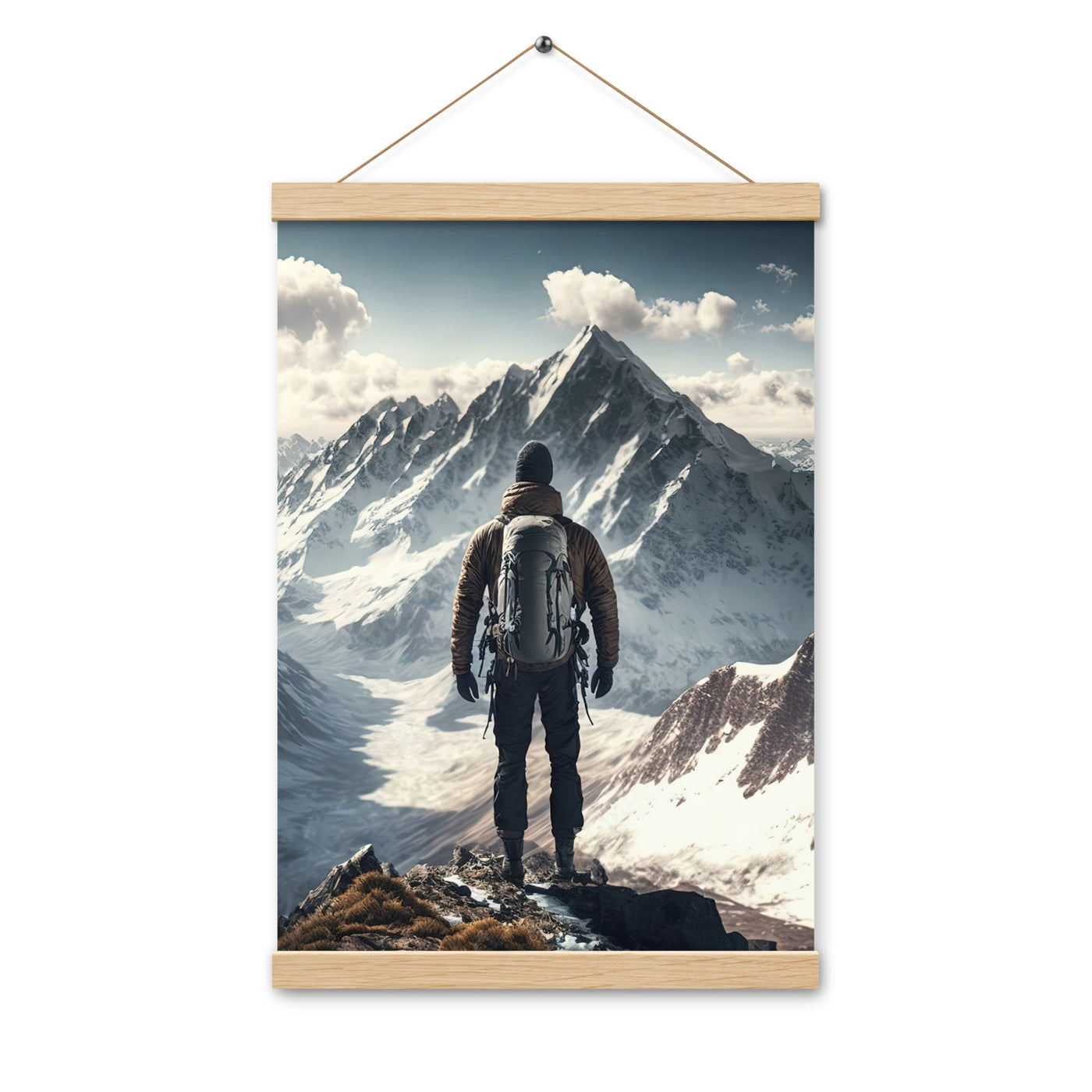 Wanderer auf Berg von hinten - Malerei - Premium Poster mit Aufhängung berge xxx Oak 30.5 x 45.7 cm