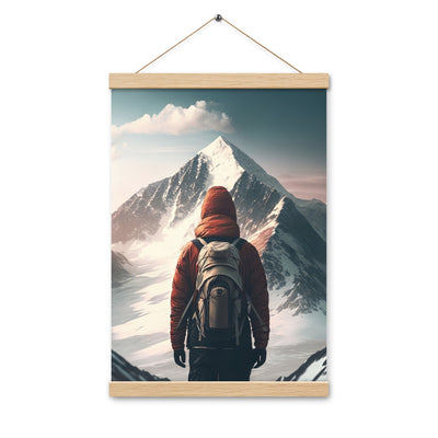 Wanderer von hinten vor einem Berg - Malerei - Premium Poster mit Aufhängung berge xxx Oak 30.5 x 45.7 cm