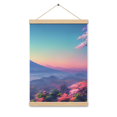 Berg und Wald mit pinken Bäumen - Landschaftsmalerei - Premium Poster mit Aufhängung berge xxx Oak 30.5 x 45.7 cm