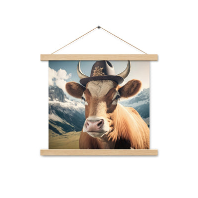 Kuh mit Hut in den Alpen - Berge im Hintergrund - Landschaftsmalerei - Premium Poster mit Aufhängung berge xxx Oak 35.6 x 35.6 cm