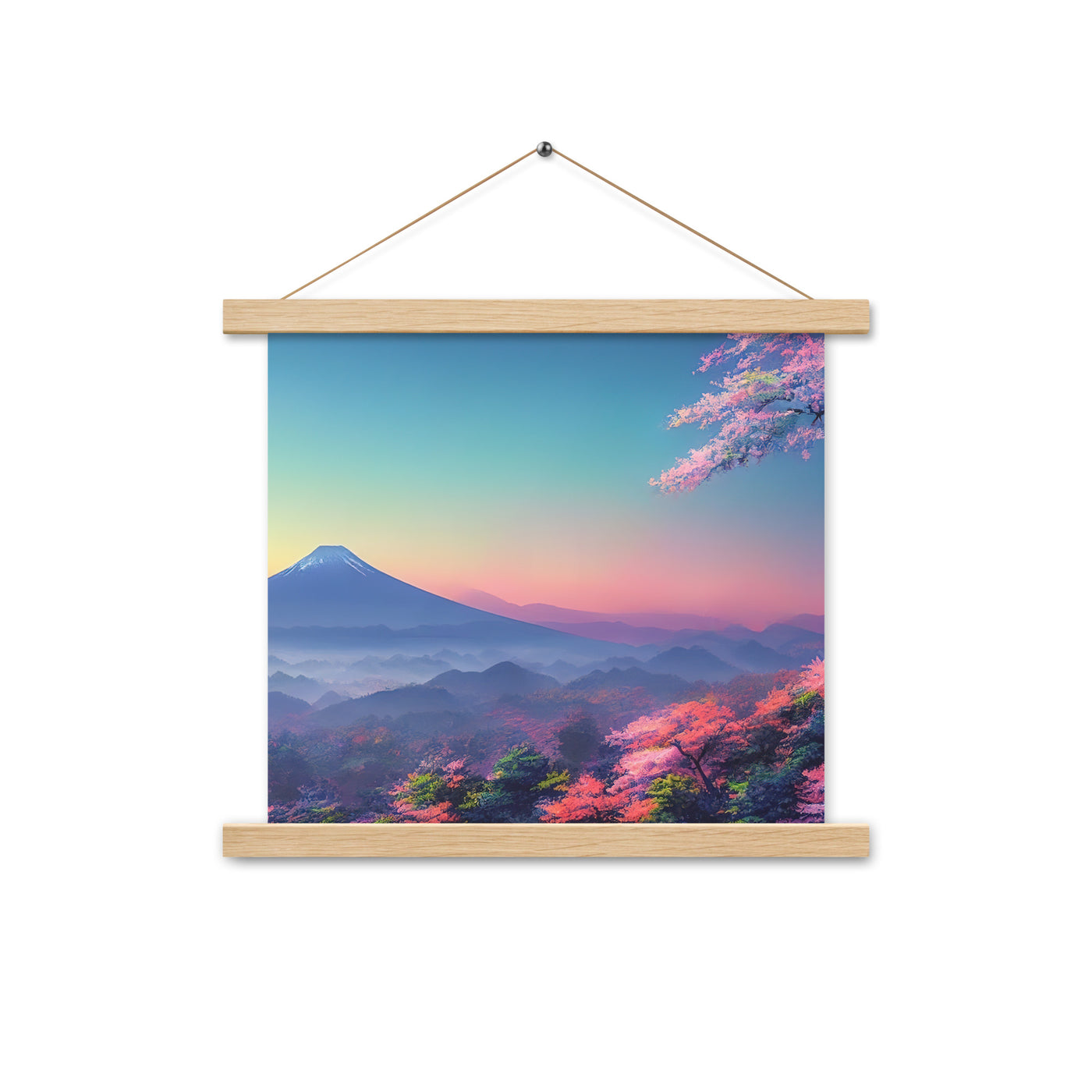 Berg und Wald mit pinken Bäumen - Landschaftsmalerei - Premium Poster mit Aufhängung berge xxx Oak 35.6 x 35.6 cm