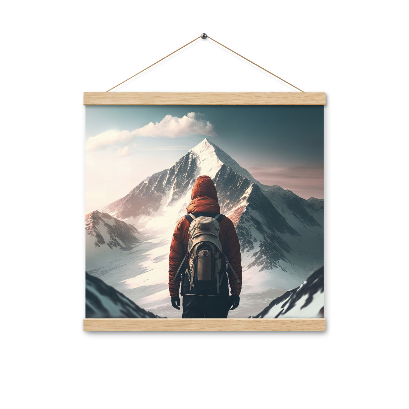 Wanderer von hinten vor einem Berg - Malerei - Premium Poster mit Aufhängung berge xxx Oak 40.6 x 40.6 cm