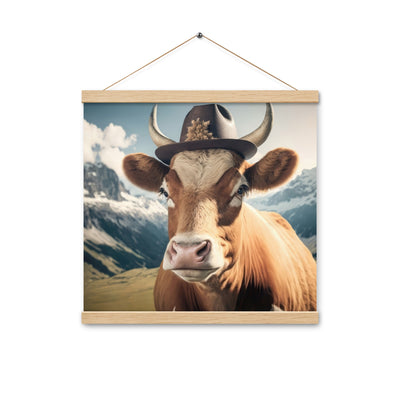 Kuh mit Hut in den Alpen - Berge im Hintergrund - Landschaftsmalerei - Premium Poster mit Aufhängung berge xxx Oak 40.6 x 40.6 cm