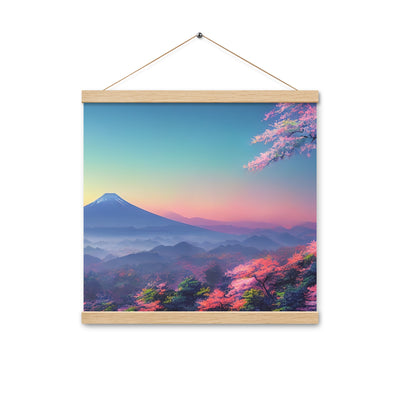 Berg und Wald mit pinken Bäumen - Landschaftsmalerei - Premium Poster mit Aufhängung berge xxx Oak 40.6 x 40.6 cm