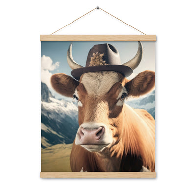 Kuh mit Hut in den Alpen - Berge im Hintergrund - Landschaftsmalerei - Premium Poster mit Aufhängung berge xxx Oak 40.6 x 50.8 cm