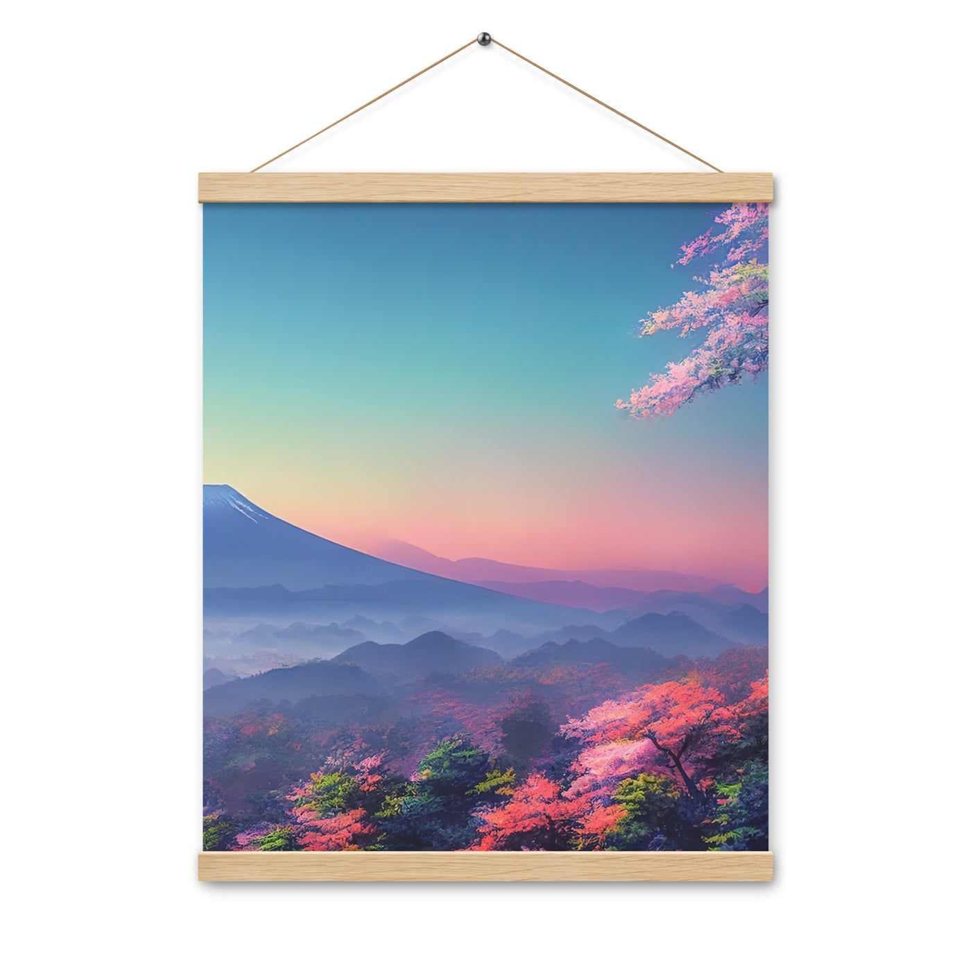 Berg und Wald mit pinken Bäumen - Landschaftsmalerei - Premium Poster mit Aufhängung berge xxx Oak 40.6 x 50.8 cm