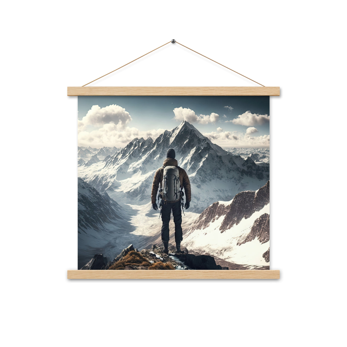 Wanderer auf Berg von hinten - Malerei - Premium Poster mit Aufhängung berge xxx Oak 45.7 x 45.7 cm