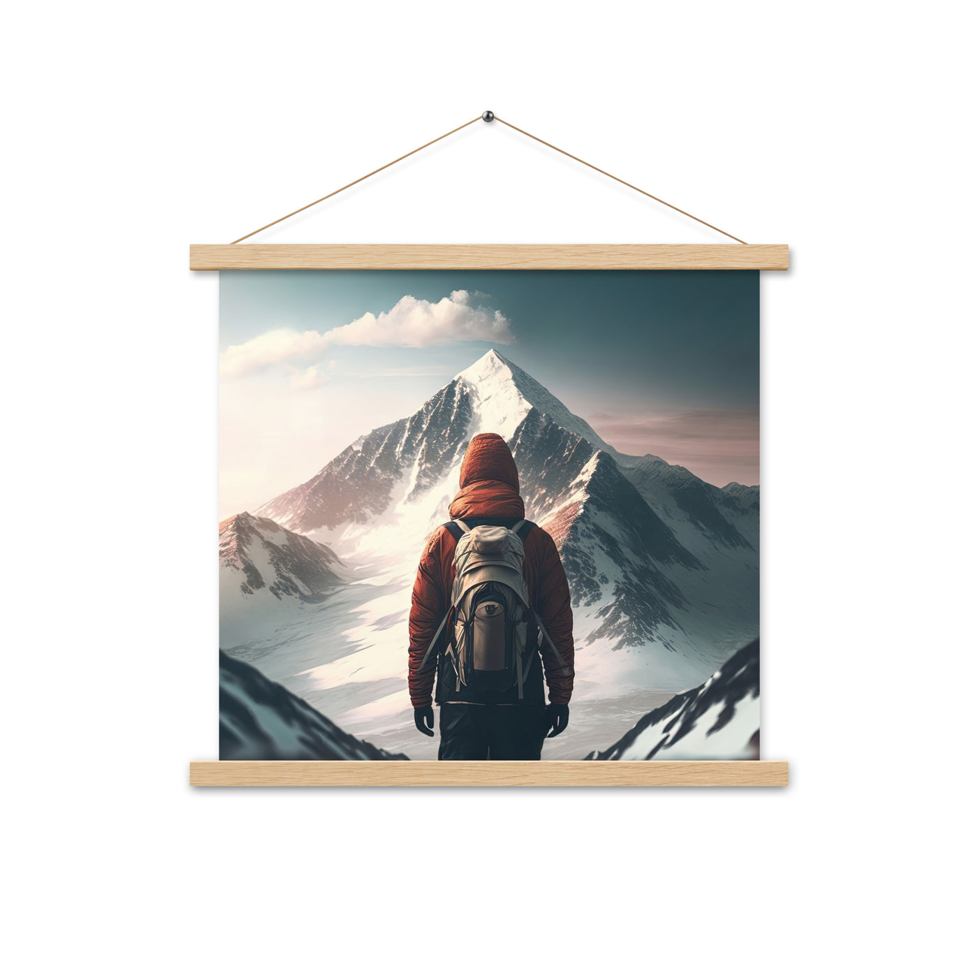 Wanderer von hinten vor einem Berg - Malerei - Premium Poster mit Aufhängung berge xxx Oak 45.7 x 45.7 cm
