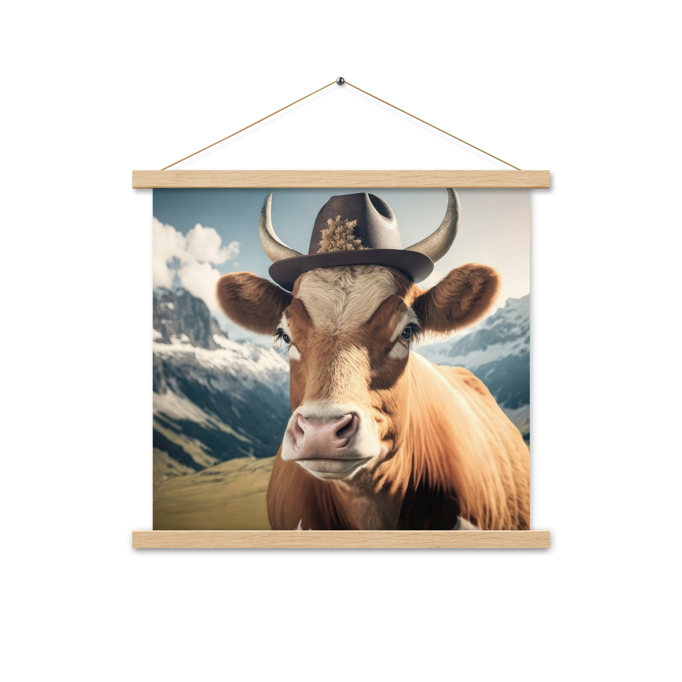 Kuh mit Hut in den Alpen - Berge im Hintergrund - Landschaftsmalerei - Premium Poster mit Aufhängung berge xxx Oak 45.7 x 45.7 cm
