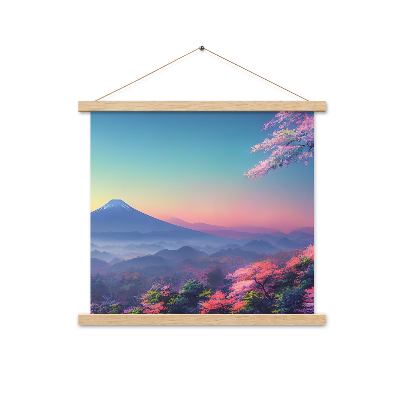 Berg und Wald mit pinken Bäumen - Landschaftsmalerei - Premium Poster mit Aufhängung berge xxx Oak 45.7 x 45.7 cm