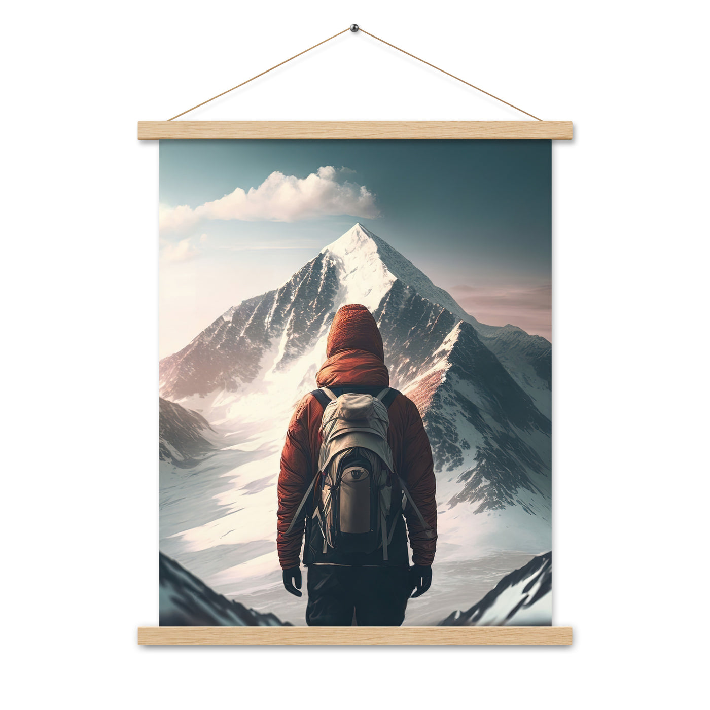 Wanderer von hinten vor einem Berg - Malerei - Premium Poster mit Aufhängung berge xxx Oak 45.7 x 61 cm