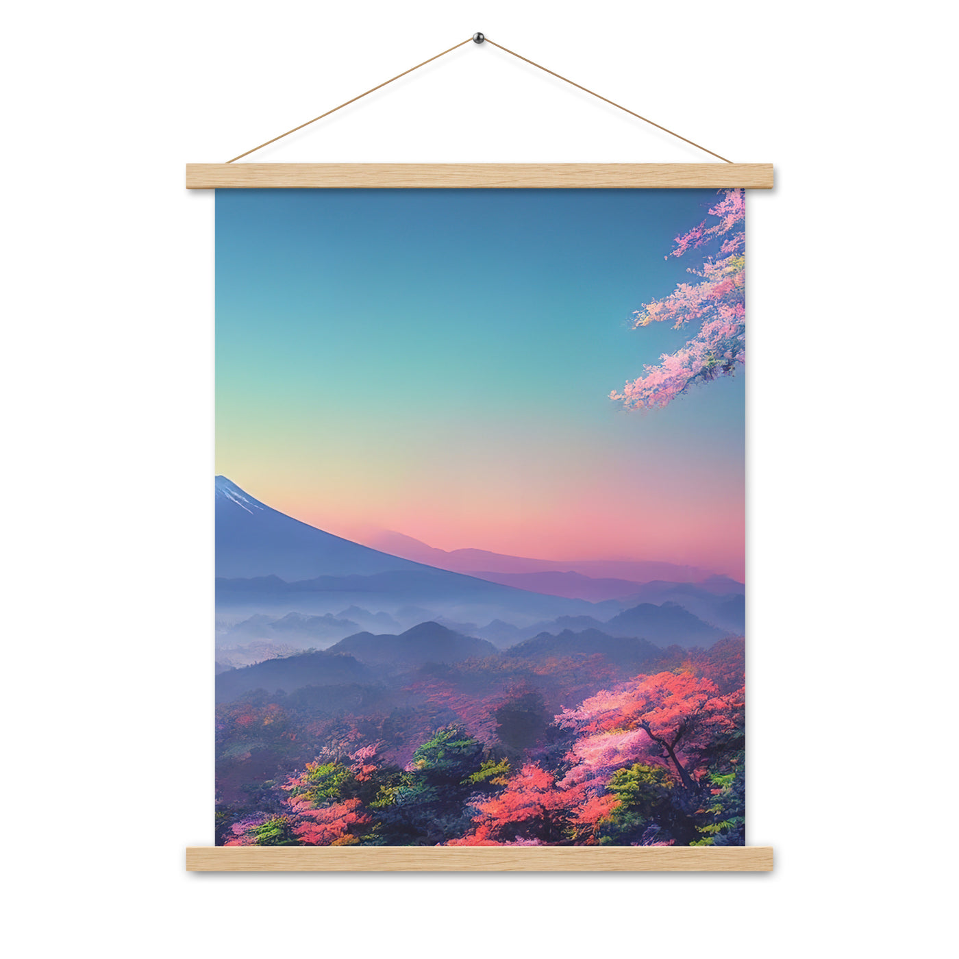 Berg und Wald mit pinken Bäumen - Landschaftsmalerei - Premium Poster mit Aufhängung berge xxx Oak 45.7 x 61 cm