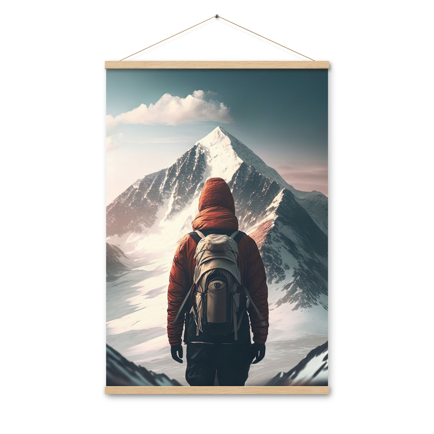 Wanderer von hinten vor einem Berg - Malerei - Premium Poster mit Aufhängung berge xxx Oak 61 x 91.4 cm