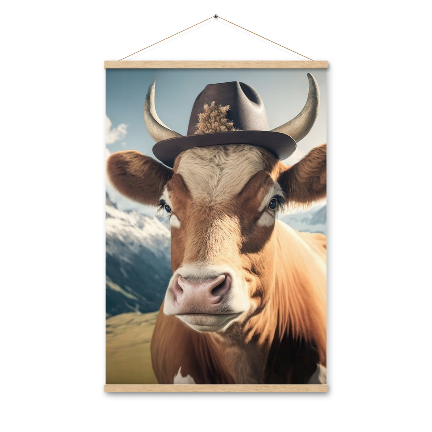 Kuh mit Hut in den Alpen - Berge im Hintergrund - Landschaftsmalerei - Premium Poster mit Aufhängung berge xxx Oak 61 x 91.4 cm