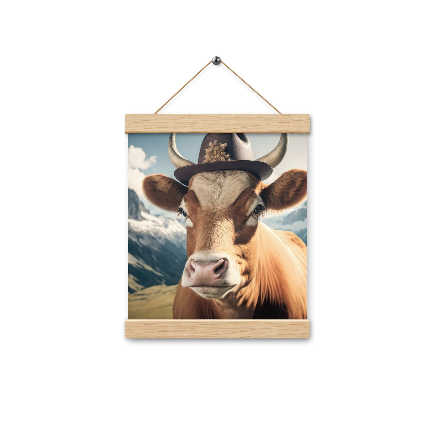 Kuh mit Hut in den Alpen - Berge im Hintergrund - Landschaftsmalerei - Premium Poster mit Aufhängung berge xxx Oak 20.3 x 25.4 cm
