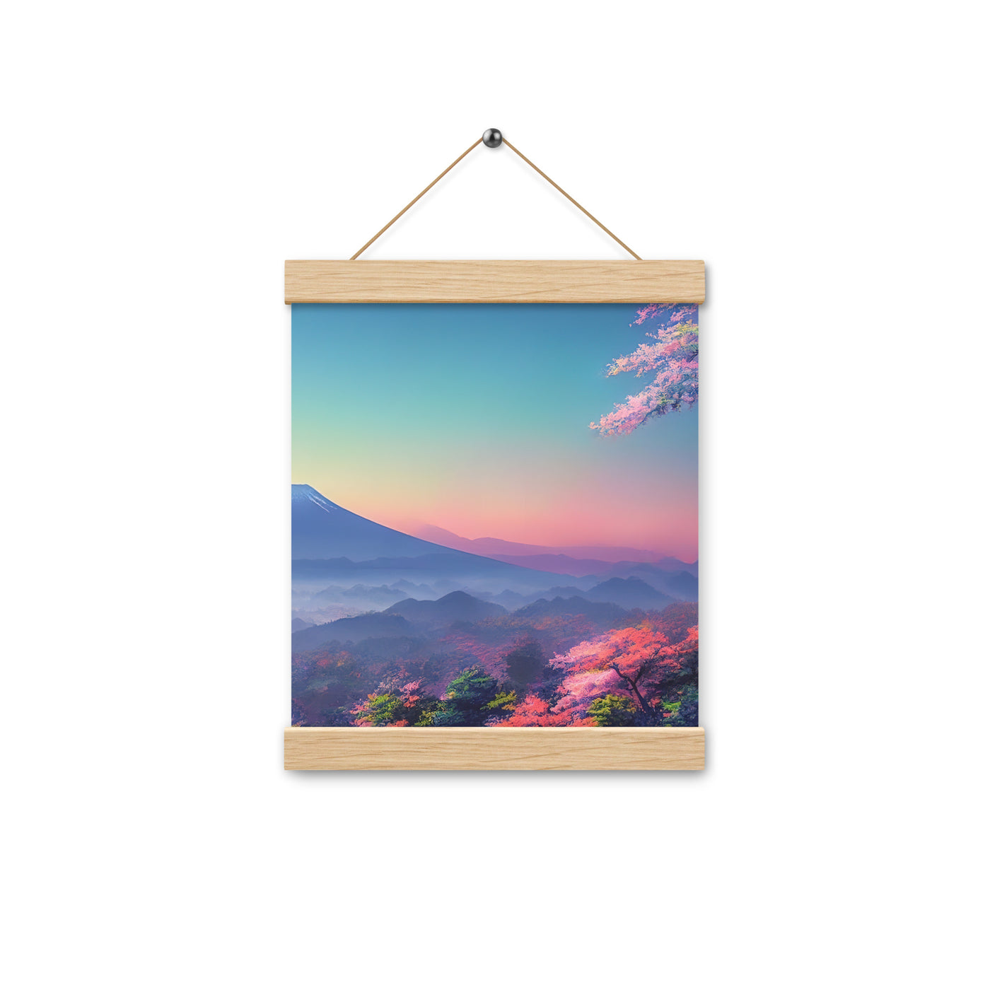 Berg und Wald mit pinken Bäumen - Landschaftsmalerei - Premium Poster mit Aufhängung berge xxx Oak 20.3 x 25.4 cm
