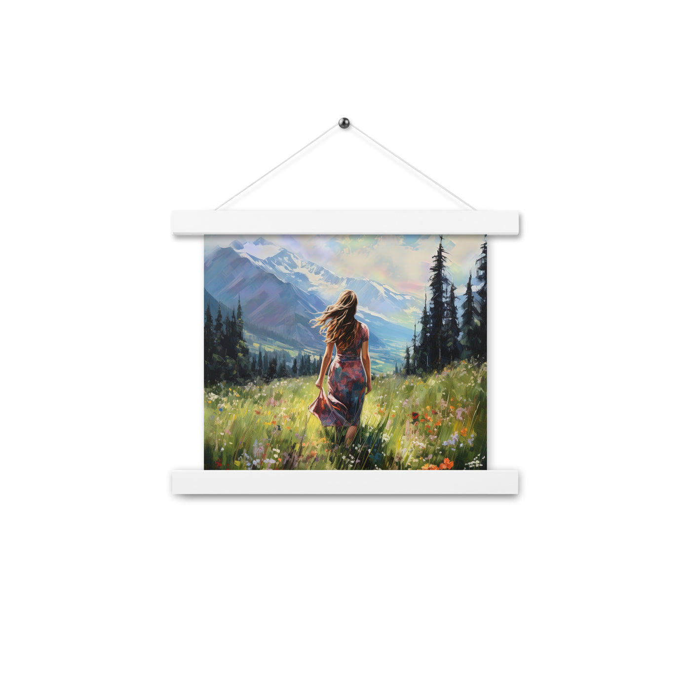 Frau mit langen Kleid im Feld mit Blumen - Berge im Hintergrund - Malerei - Premium Poster mit Aufhängung berge xxx 25.4 x 25.4 cm
