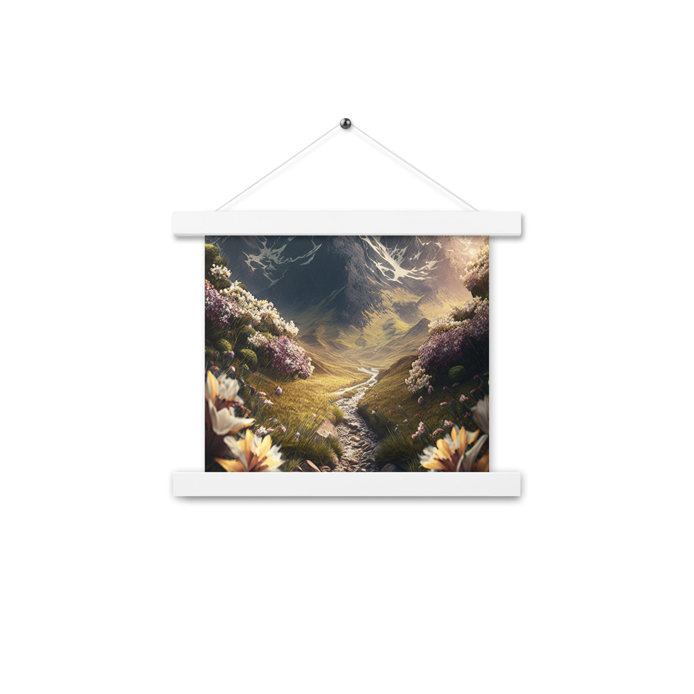 Epischer Berg, steiniger Weg und Blumen - Realistische Malerei - Premium Poster mit Aufhängung berge xxx 25.4 x 25.4 cm