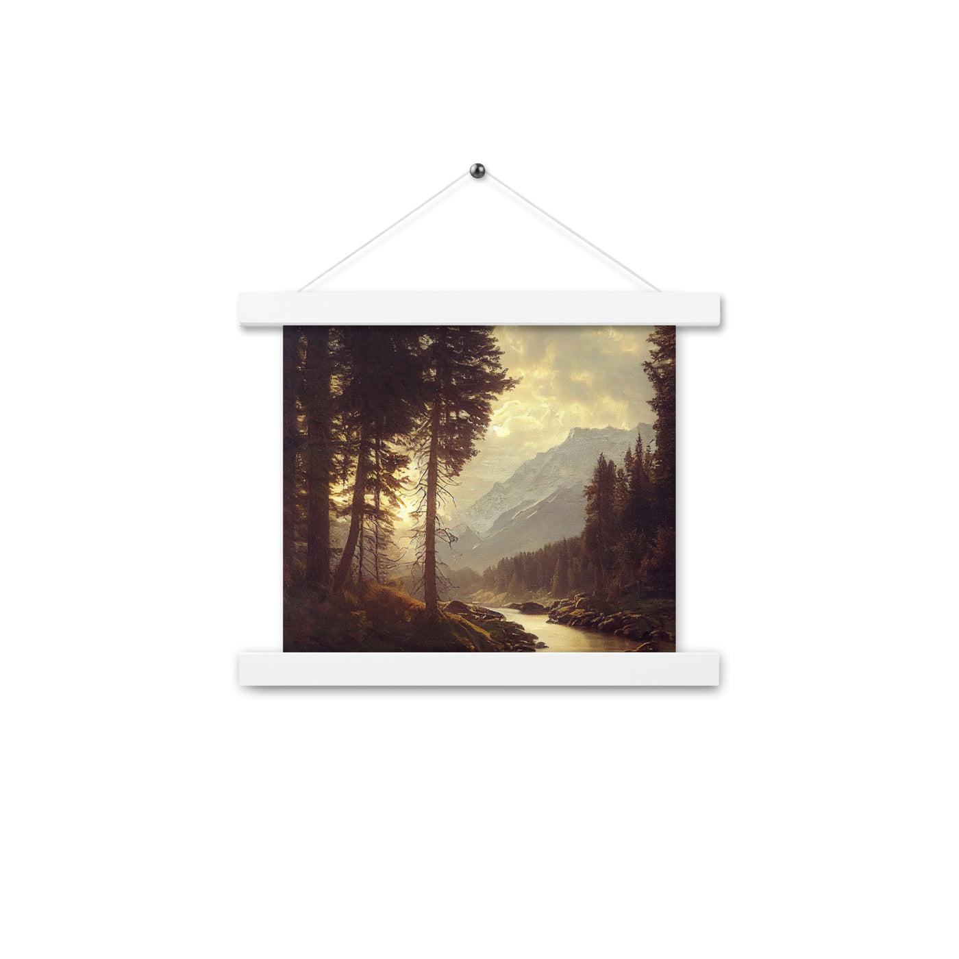 Landschaft mit Bergen, Fluss und Bäumen - Malerei - Premium Poster mit Aufhängung berge xxx 25.4 x 25.4 cm