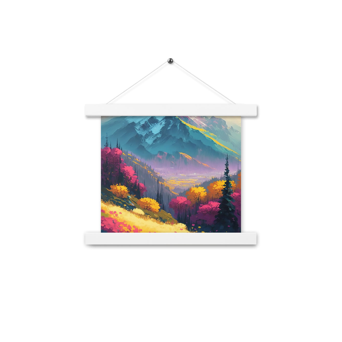 Berge, pinke und gelbe Bäume, sowie Blumen - Farbige Malerei - Premium Poster mit Aufhängung berge xxx 25.4 x 25.4 cm