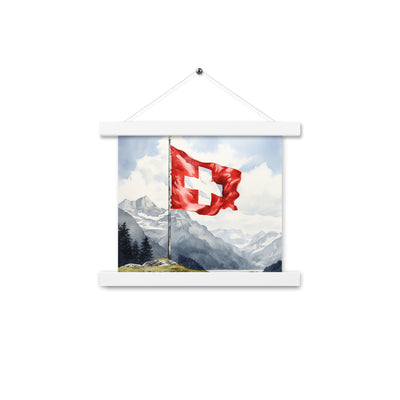 Schweizer Flagge und Berge im Hintergrund - Epische Stimmung - Malerei - Premium Poster mit Aufhängung berge xxx 25.4 x 25.4 cm