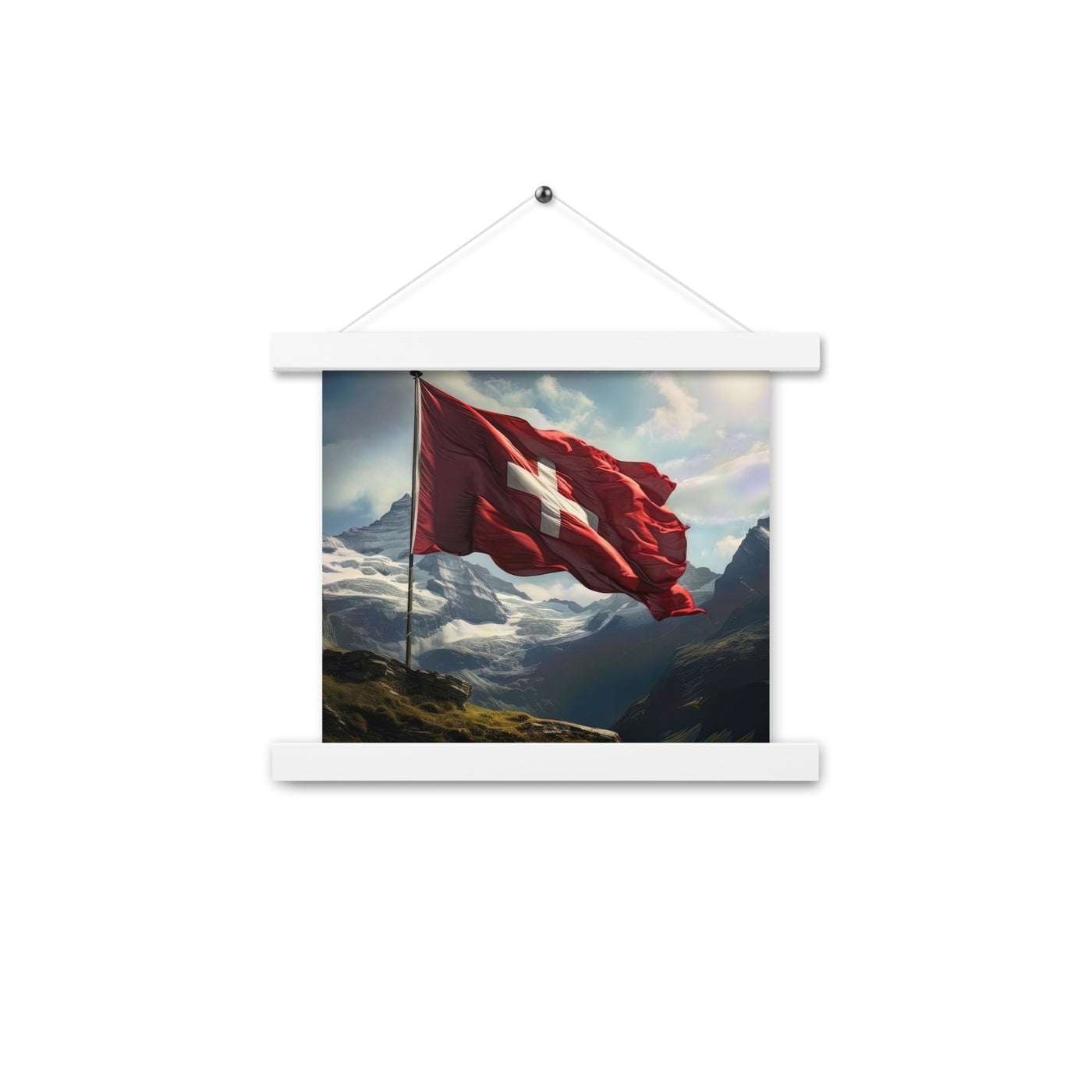 Schweizer Flagge und Berge im Hintergrund - Fotorealistische Malerei - Premium Poster mit Aufhängung berge xxx 25.4 x 25.4 cm