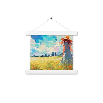 Dame mit Hut im Feld mit Blumen - Landschaftsmalerei - Premium Poster mit Aufhängung camping xxx 25.4 x 25.4 cm