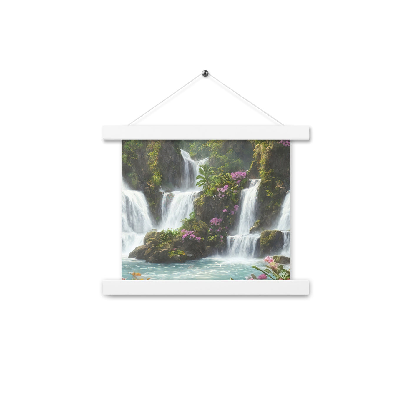 Wasserfall im Wald und Blumen - Schöne Malerei - Premium Poster mit Aufhängung camping xxx 25.4 x 25.4 cm