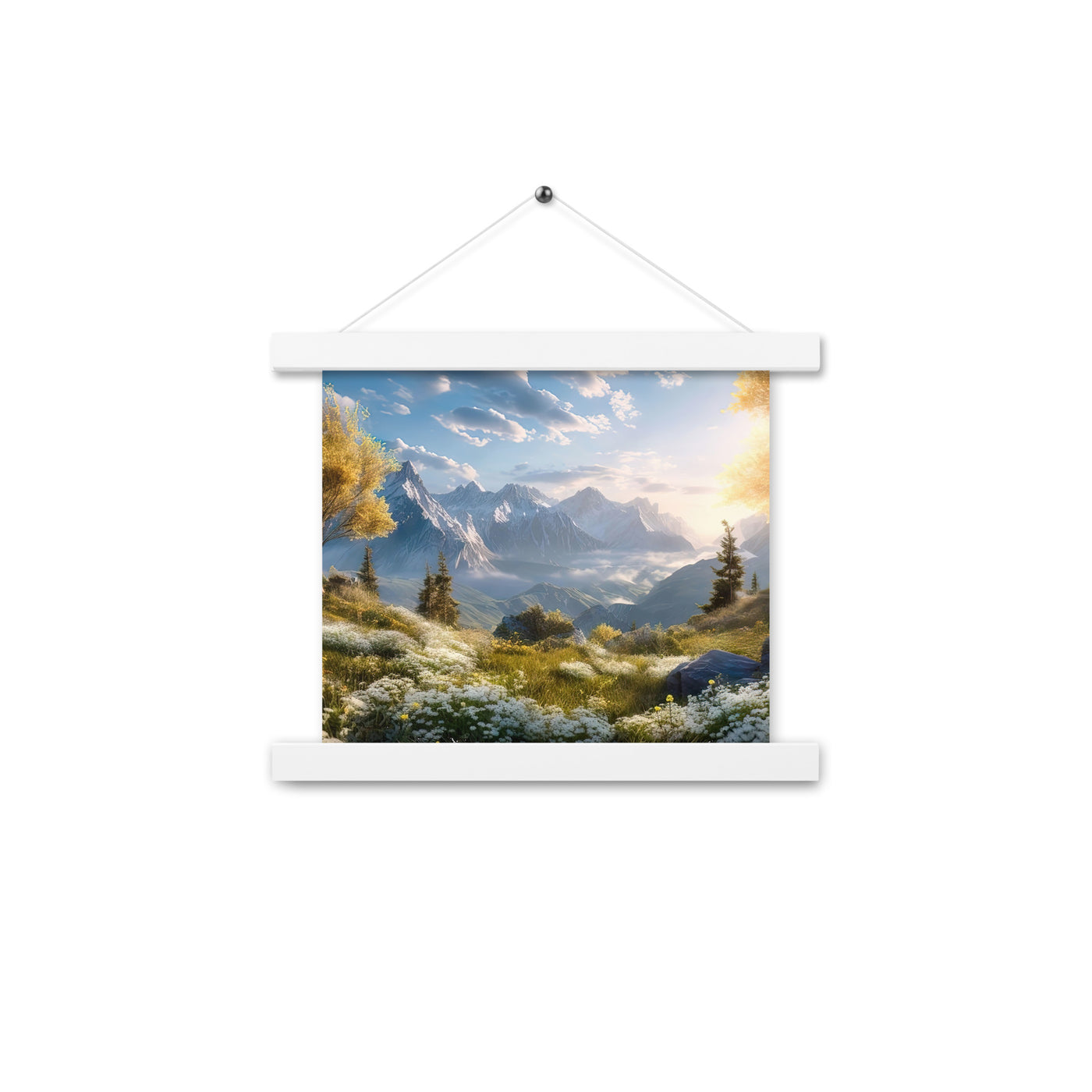 Berglandschaft mit Sonnenschein, Blumen und Bäumen - Malerei - Premium Poster mit Aufhängung berge xxx 25.4 x 25.4 cm