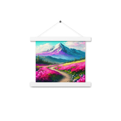 Berg, pinke Blumen und Wanderweg - Landschaftsmalerei - Premium Poster mit Aufhängung berge xxx 25.4 x 25.4 cm