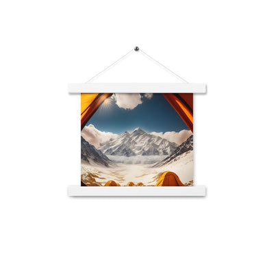 Foto aus dem Zelt - Berge und Zelte im Hintergrund - Tagesaufnahme - Premium Poster mit Aufhängung camping xxx 25.4 x 25.4 cm