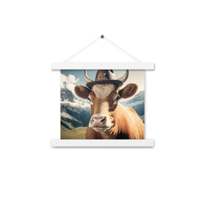 Kuh mit Hut in den Alpen - Berge im Hintergrund - Landschaftsmalerei - Premium Poster mit Aufhängung berge xxx Weiß 25.4 x 25.4 cm
