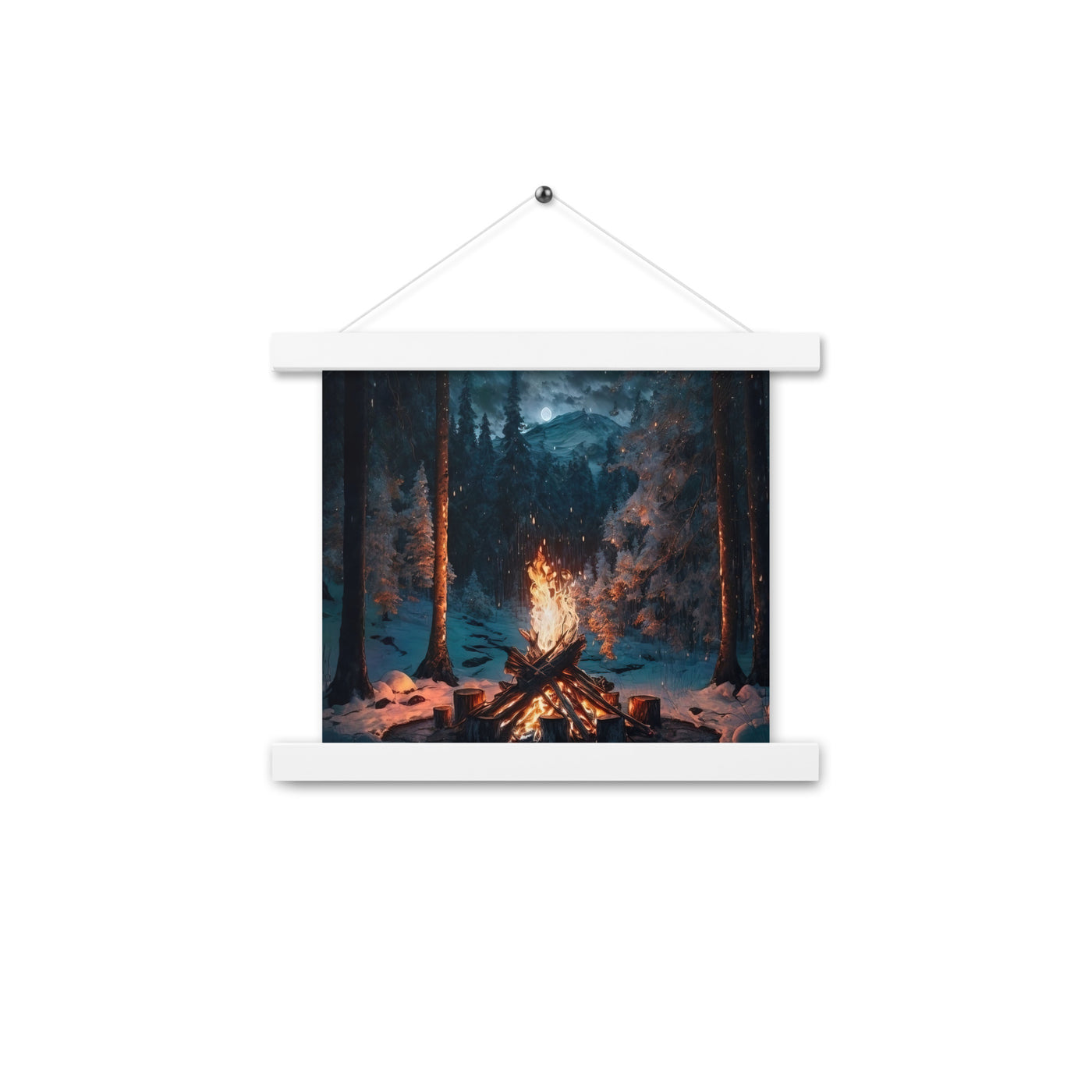 Lagerfeuer beim Camping - Wald mit Schneebedeckten Bäumen - Malerei - Premium Poster mit Aufhängung camping xxx 25.4 x 25.4 cm