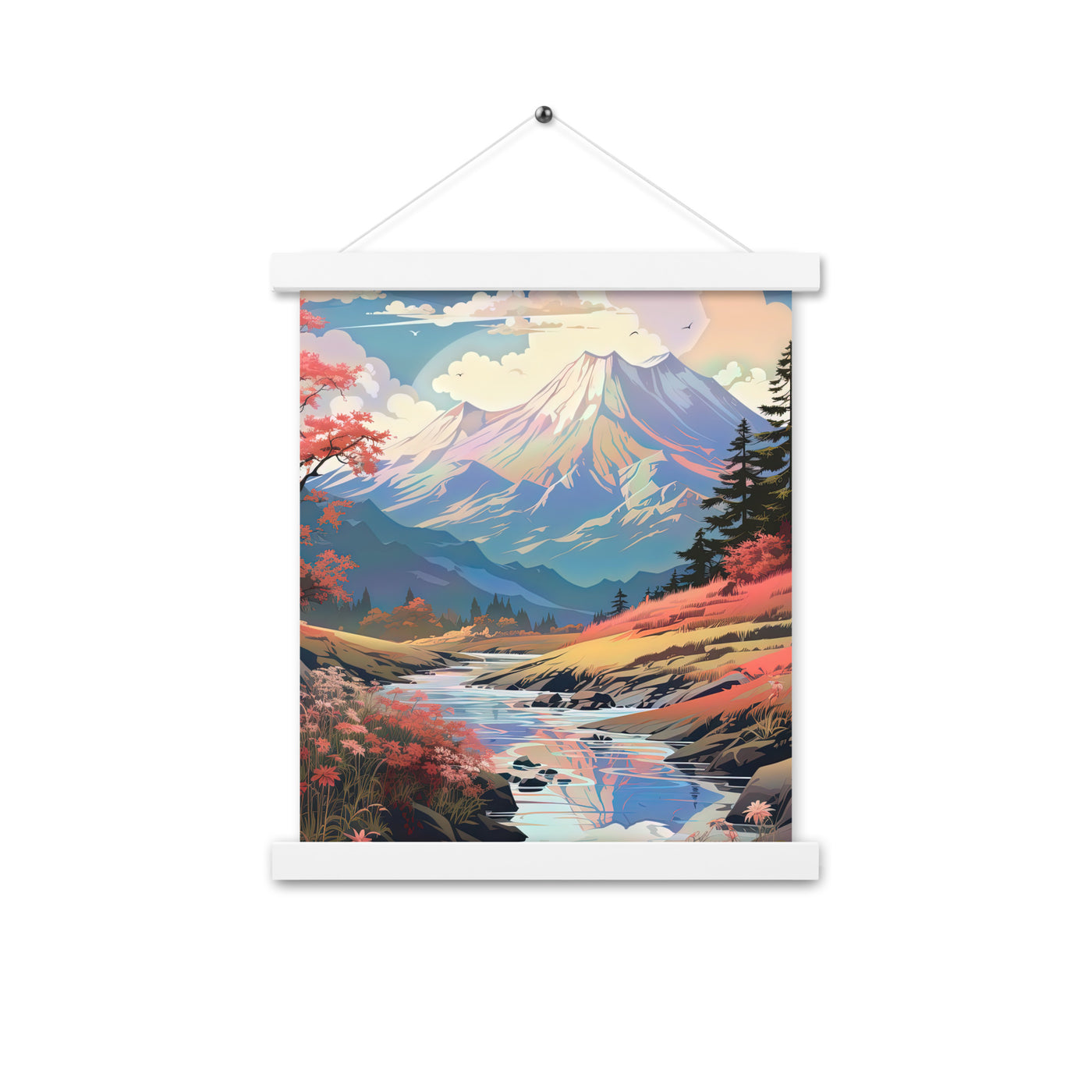 Berge. Fluss und Blumen - Malerei - Premium Poster mit Aufhängung berge xxx 27.9 x 35.6 cm