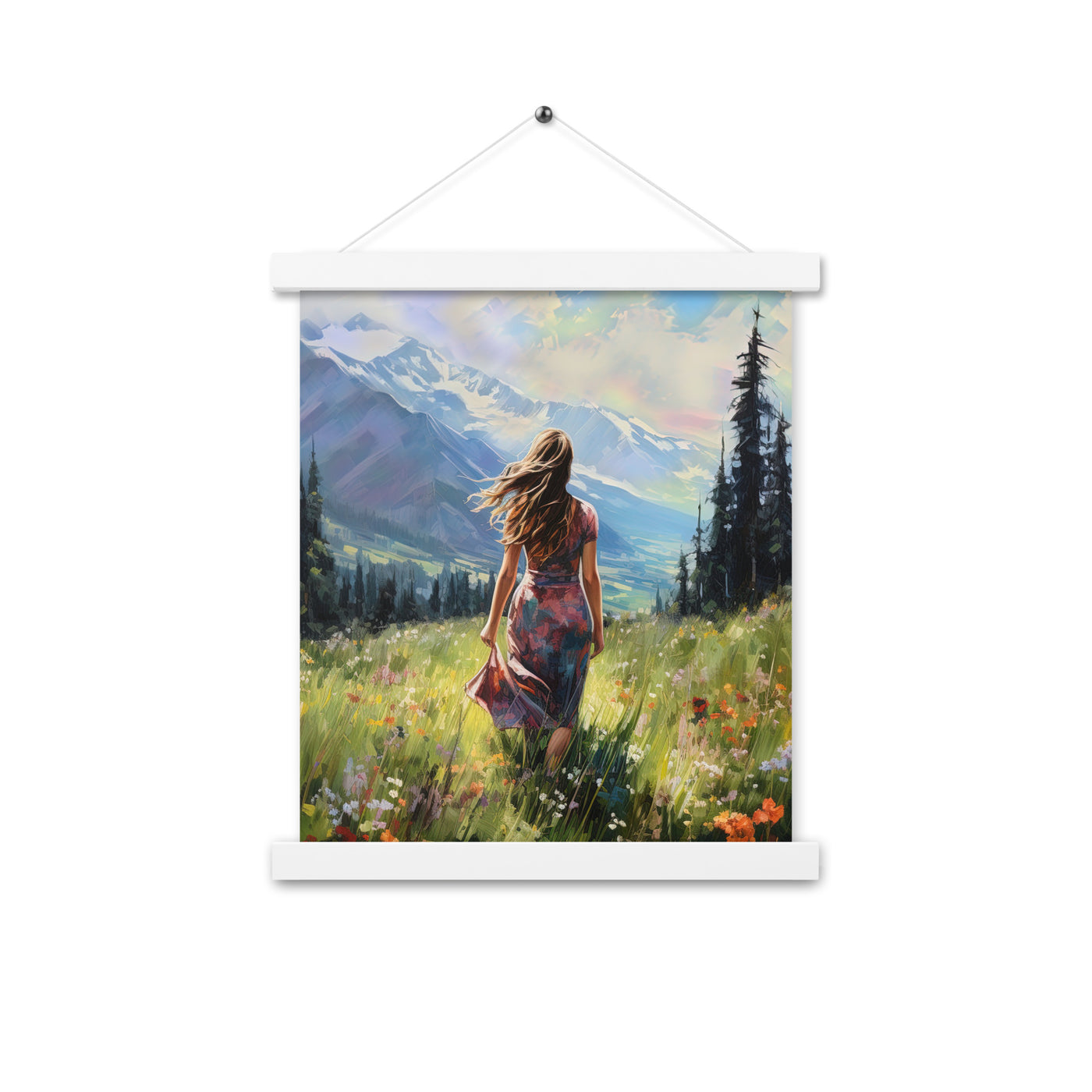 Frau mit langen Kleid im Feld mit Blumen - Berge im Hintergrund - Malerei - Premium Poster mit Aufhängung berge xxx 27.9 x 35.6 cm