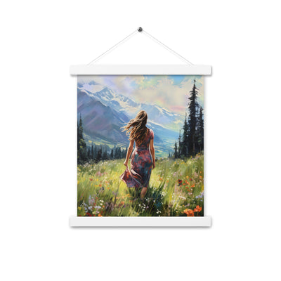 Frau mit langen Kleid im Feld mit Blumen - Berge im Hintergrund - Malerei - Premium Poster mit Aufhängung berge xxx 27.9 x 35.6 cm