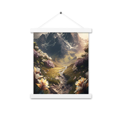 Epischer Berg, steiniger Weg und Blumen - Realistische Malerei - Premium Poster mit Aufhängung berge xxx 27.9 x 35.6 cm