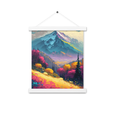 Berge, pinke und gelbe Bäume, sowie Blumen - Farbige Malerei - Premium Poster mit Aufhängung berge xxx 27.9 x 35.6 cm