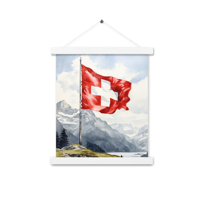 Schweizer Flagge und Berge im Hintergrund - Epische Stimmung - Malerei - Premium Poster mit Aufhängung berge xxx 27.9 x 35.6 cm