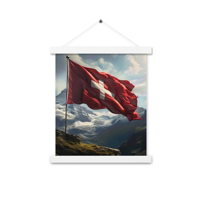 Schweizer Flagge und Berge im Hintergrund - Fotorealistische Malerei - Premium Poster mit Aufhängung berge xxx 27.9 x 35.6 cm