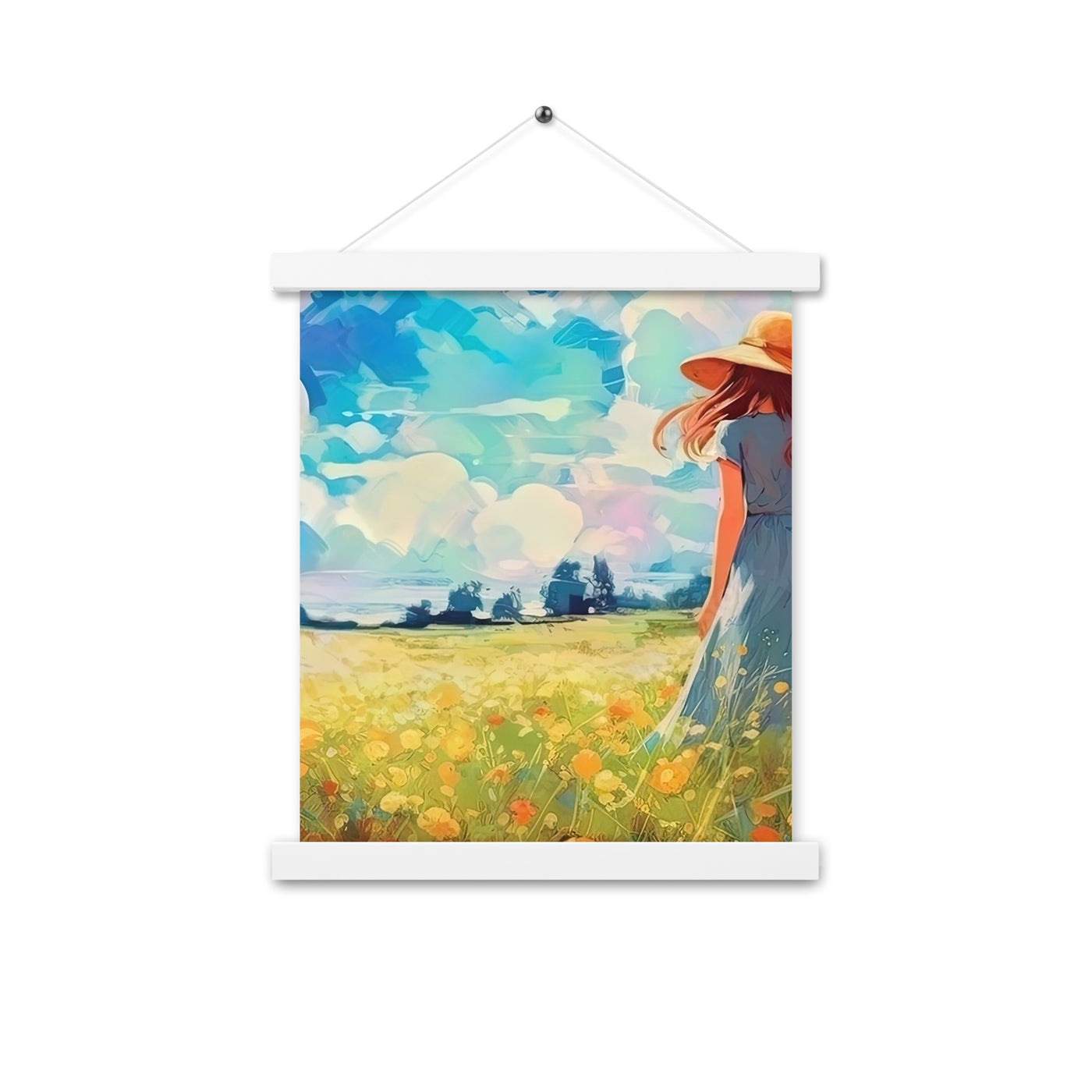Dame mit Hut im Feld mit Blumen - Landschaftsmalerei - Premium Poster mit Aufhängung camping xxx 27.9 x 35.6 cm