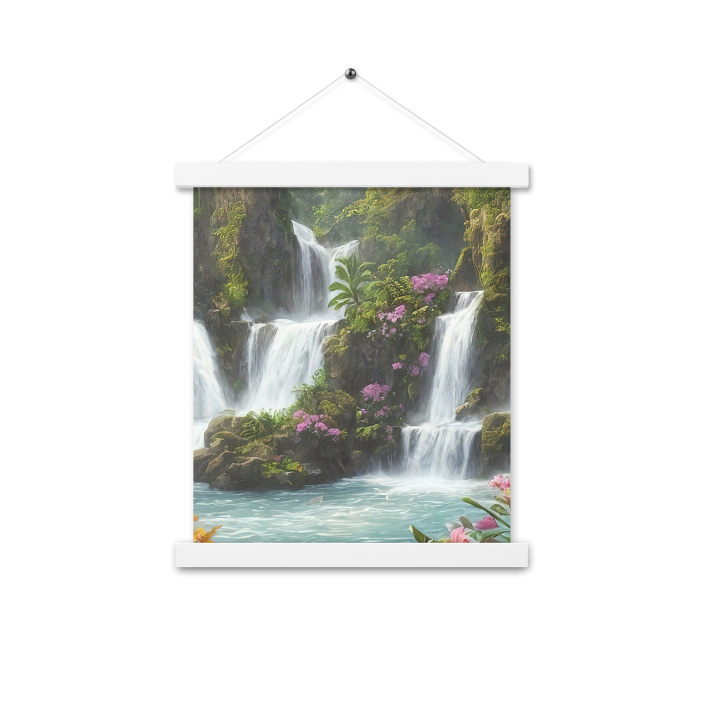 Wasserfall im Wald und Blumen - Schöne Malerei - Premium Poster mit Aufhängung camping xxx 27.9 x 35.6 cm