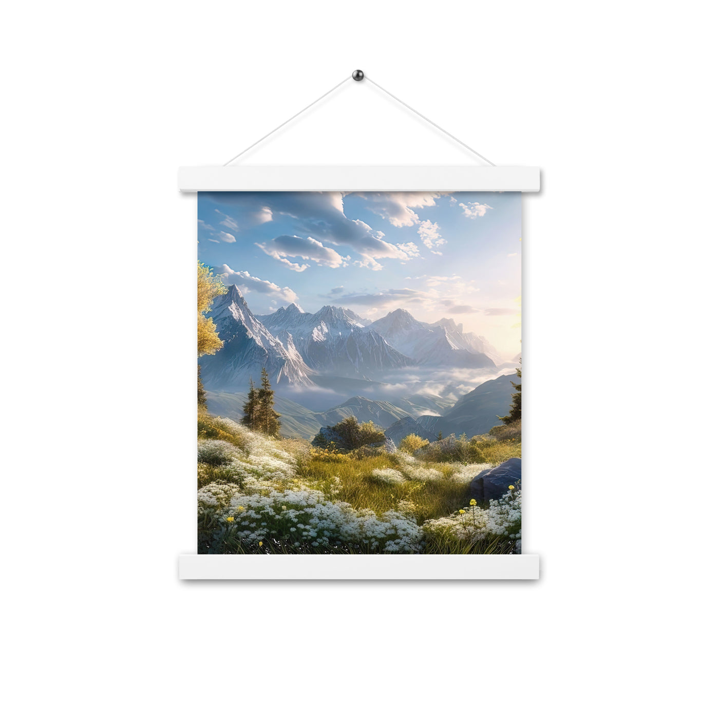 Berglandschaft mit Sonnenschein, Blumen und Bäumen - Malerei - Premium Poster mit Aufhängung berge xxx 27.9 x 35.6 cm