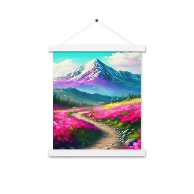 Berg, pinke Blumen und Wanderweg - Landschaftsmalerei - Premium Poster mit Aufhängung berge xxx 27.9 x 35.6 cm