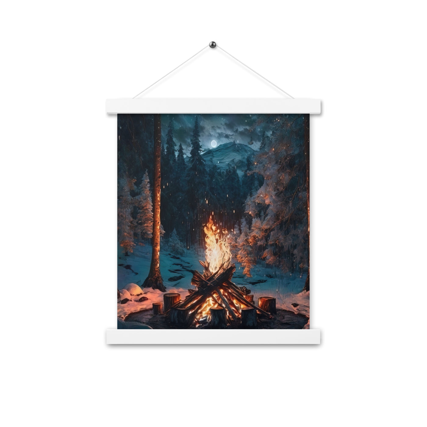 Lagerfeuer beim Camping - Wald mit Schneebedeckten Bäumen - Malerei - Premium Poster mit Aufhängung camping xxx 27.9 x 35.6 cm