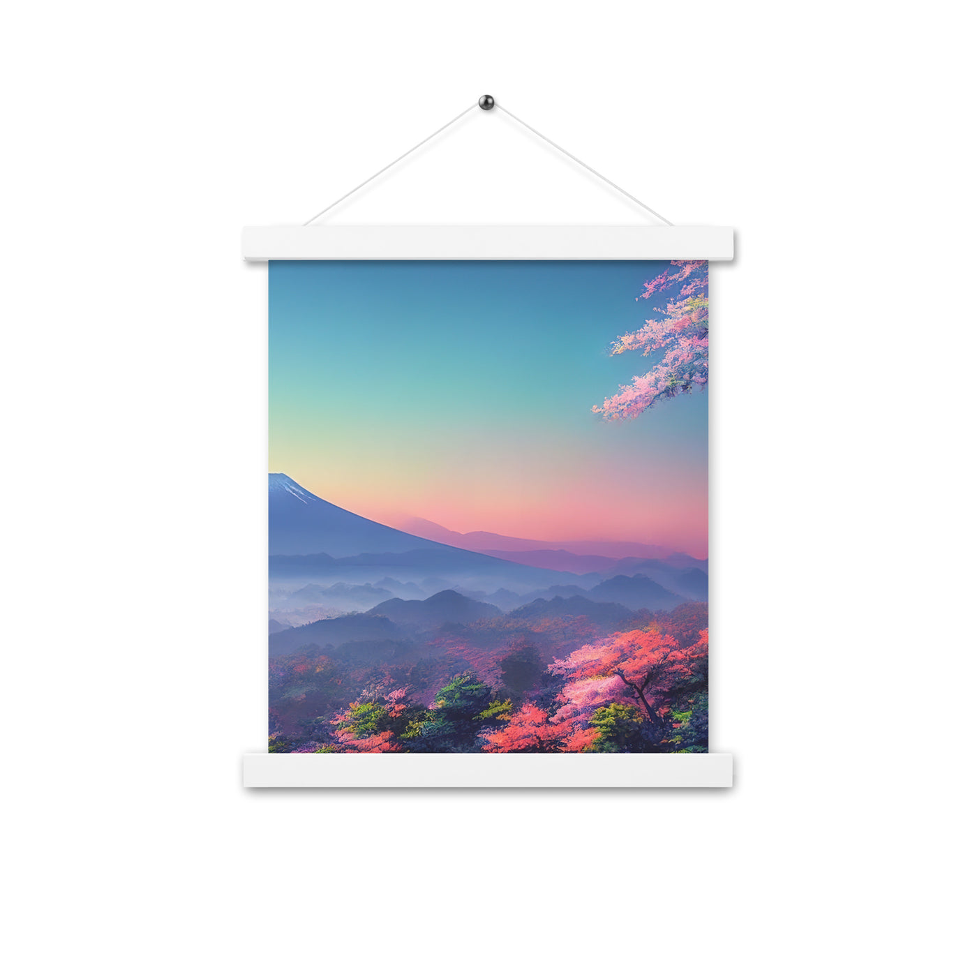 Berg und Wald mit pinken Bäumen - Landschaftsmalerei - Premium Poster mit Aufhängung berge xxx Weiß 27.9 x 35.6 cm